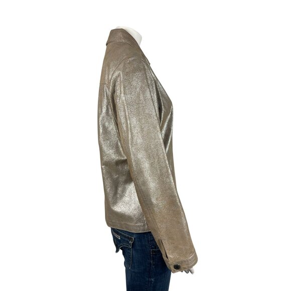 Chicos Gold Metallic 100% Leather Jacket Size 1 Medium 8 Full Zip Collared - Picture 2 of 6